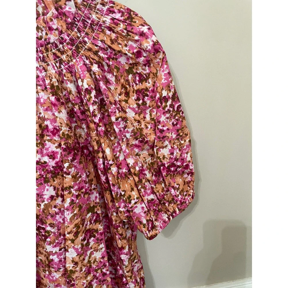 J.Crew Smocked Neck Puff Sleeve Poplin Top Pink Orange Abstract Floral Size M